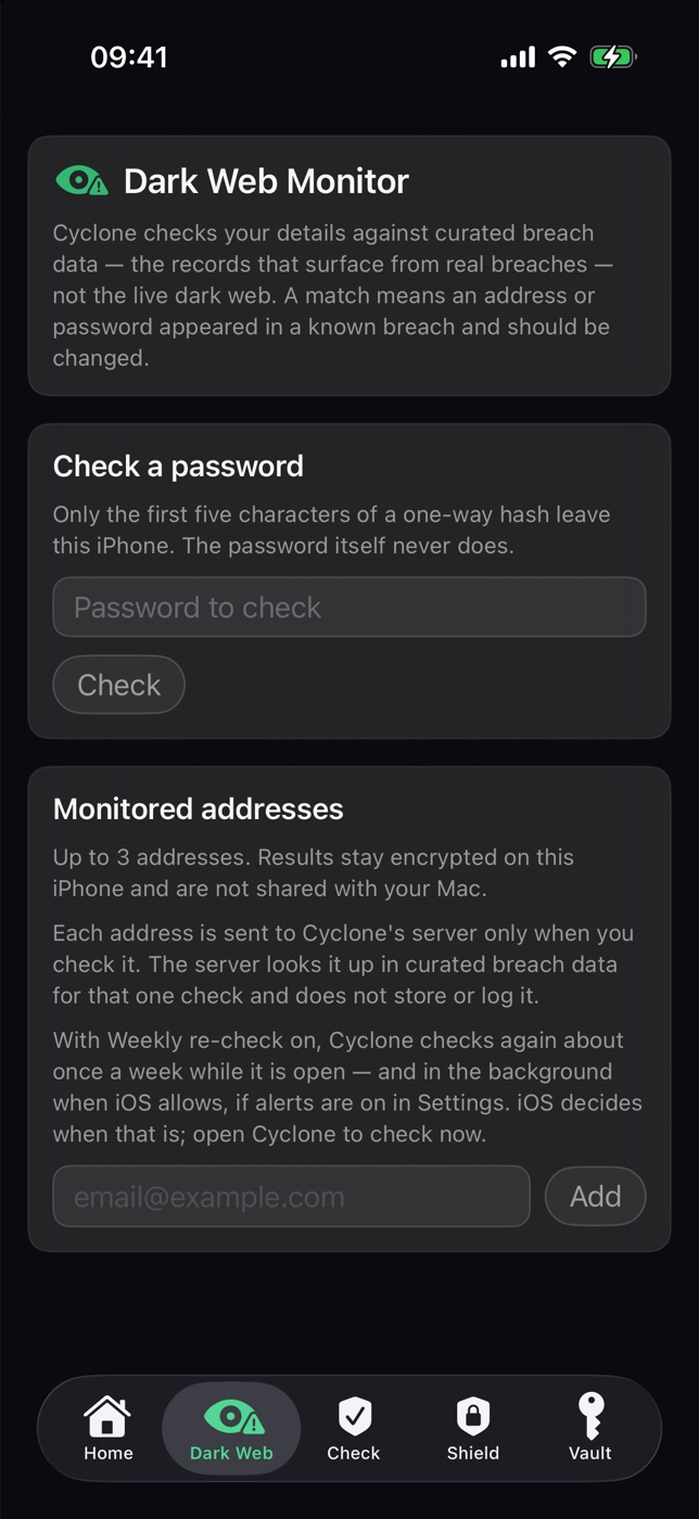 Cyclone for iPhone — Dark Web Monitor