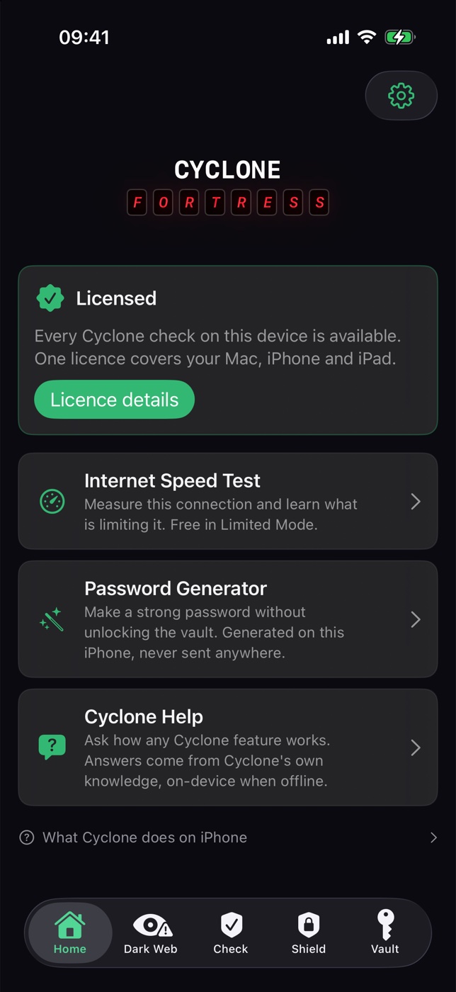 Cyclone for iPhone — the Home screen