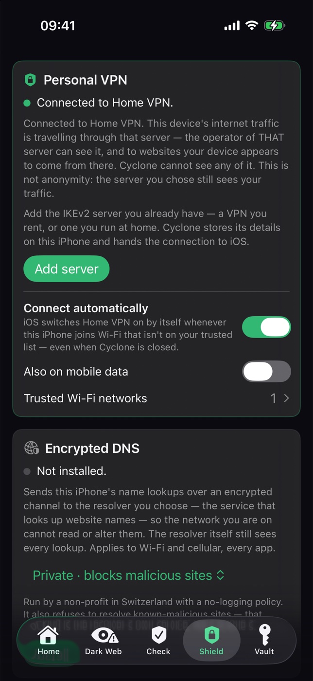 Cyclone for iPhone — Shield, your VPN and encrypted DNS